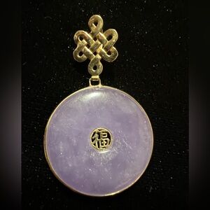 LAVENDER JADE & 14K Gold Pendant With Endless Knot Bail & Chinese Character